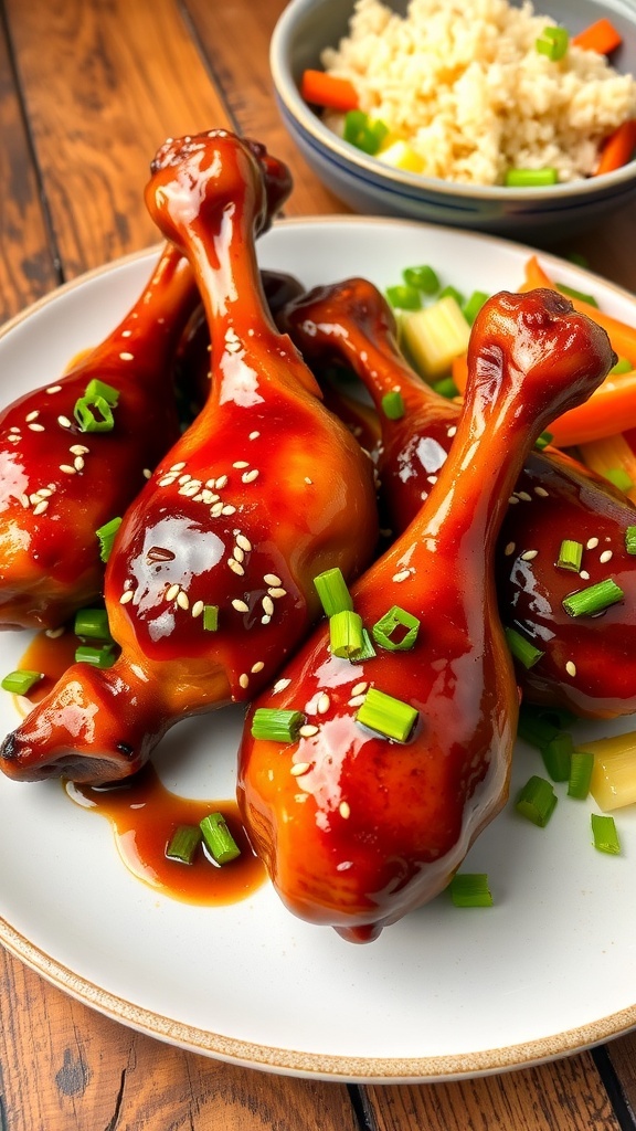 Glazed Japanese BBQ chicken drumsticks garnished with sesame seeds and green onions, served with rice and vegetables.